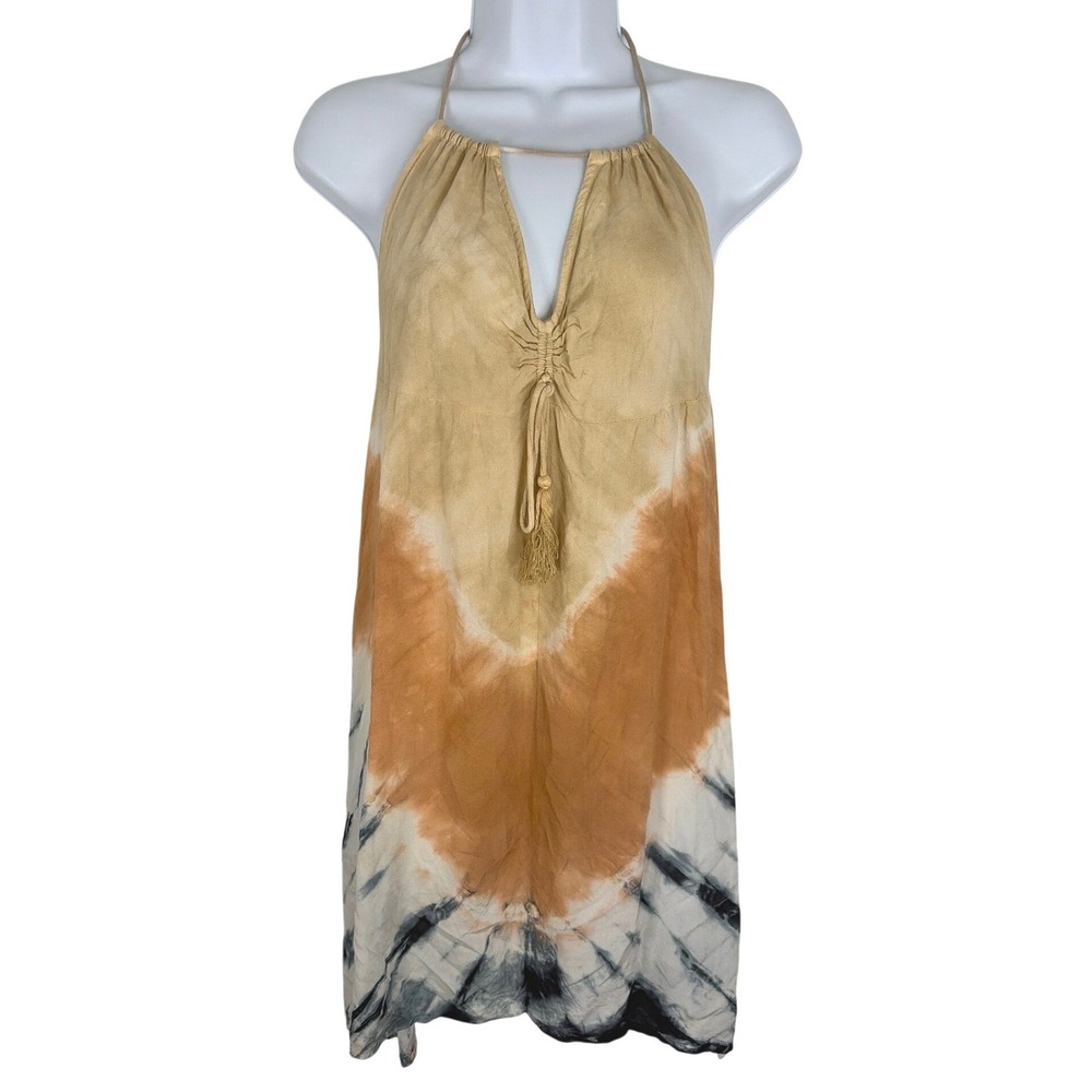 Sugar & Cream Women Beach Festival Boho Tie Dye Halter Mini Dress Tan Orange Sm